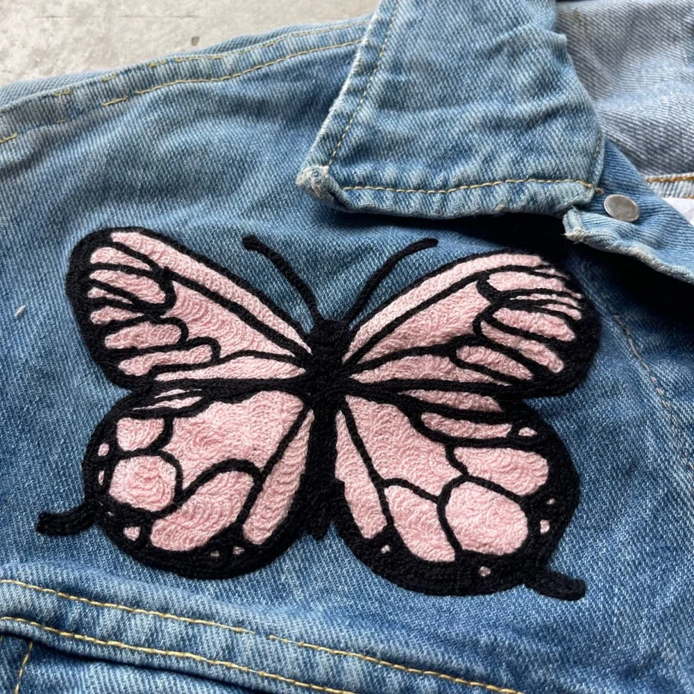 Vintage 70s Lee 101J Denim Jacket Chain Stitch Butterfly Embroidery Blue Mens